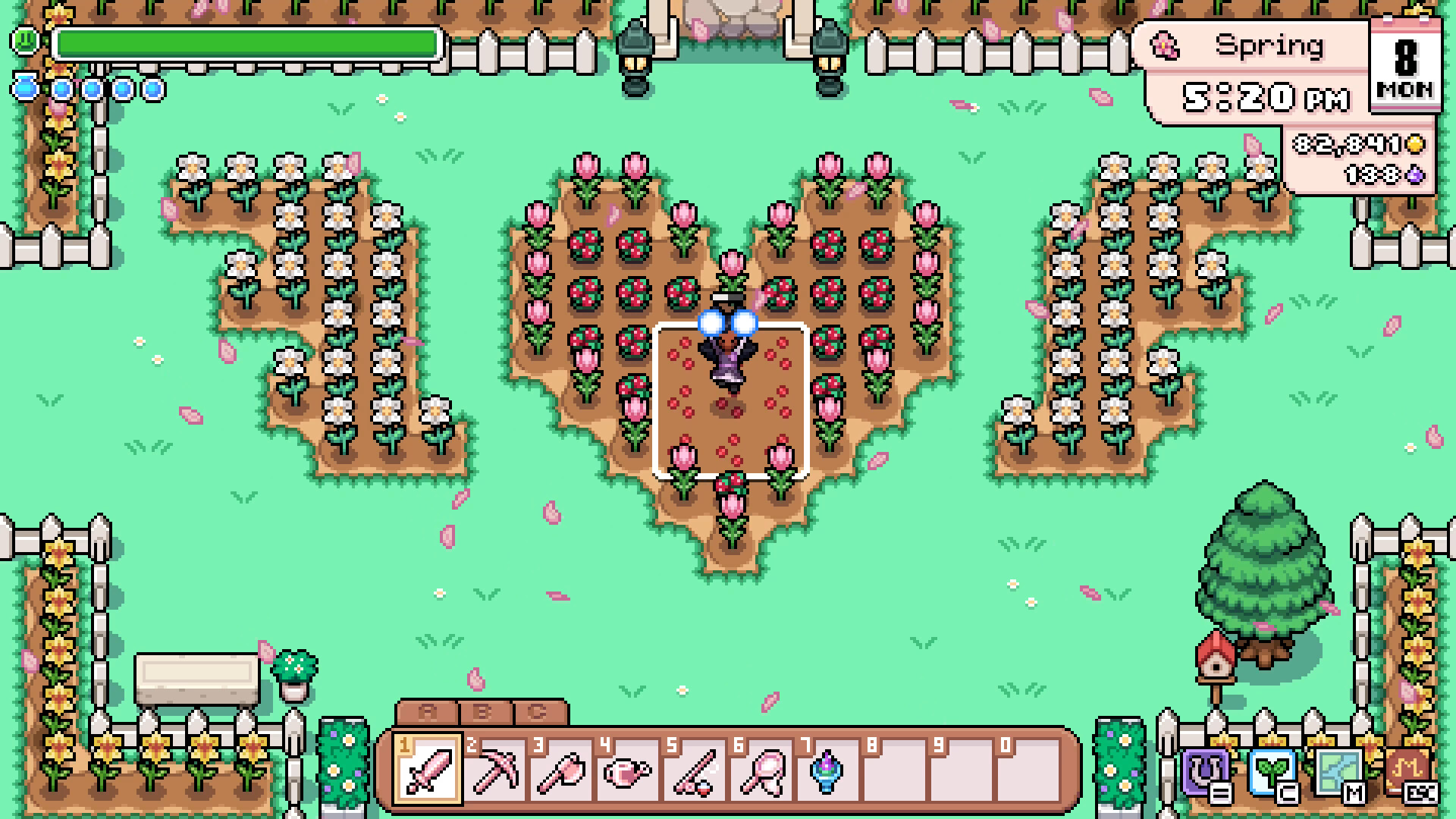 A player character standing in a heart-shaped flower bed on the farm