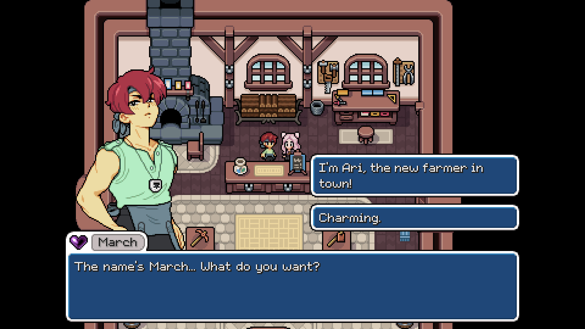 March talking with the player inside his blacksmith shop